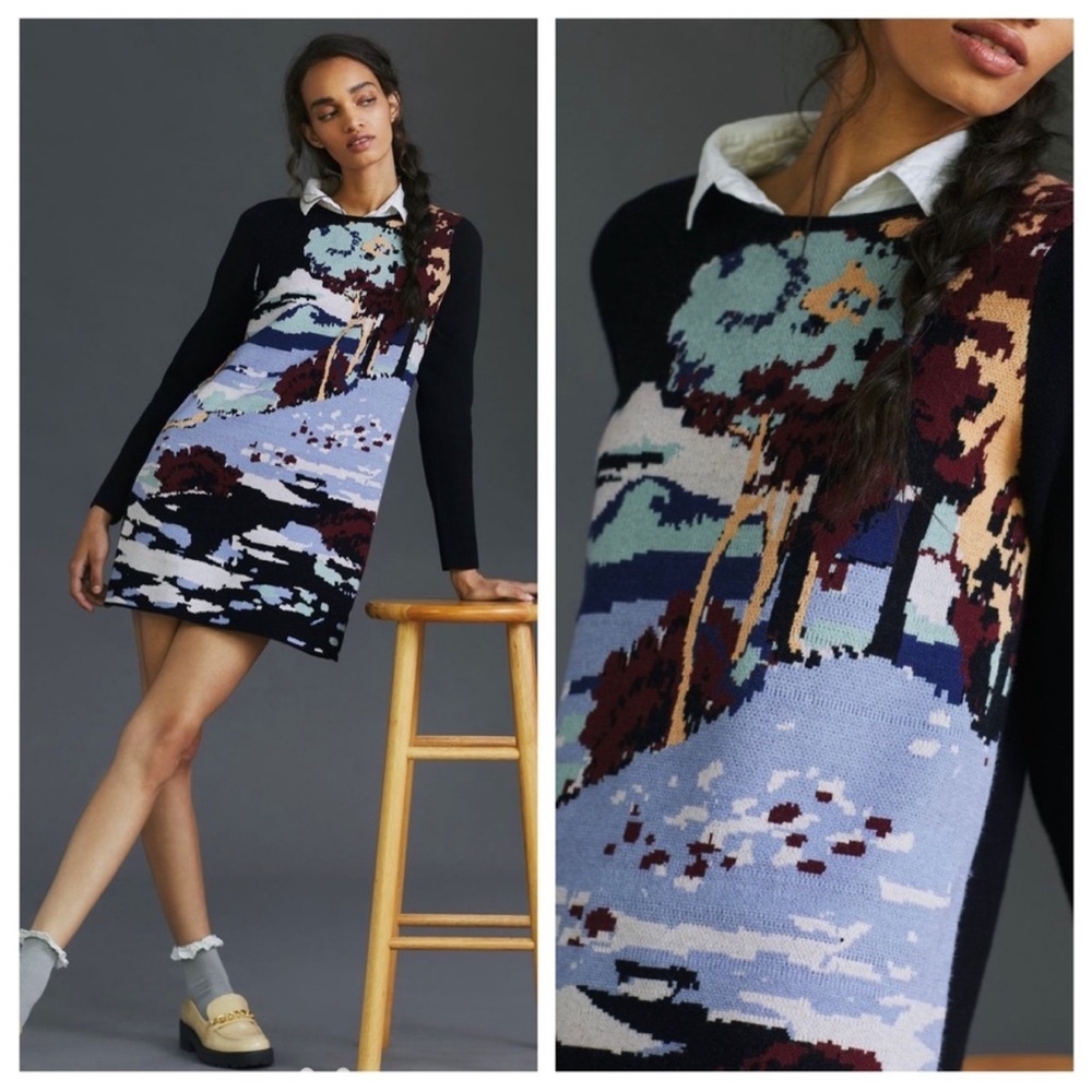 NWOT Anthropologie Maeve Scenic Black Mini Long Sleeve Sweater Knit Dress XS